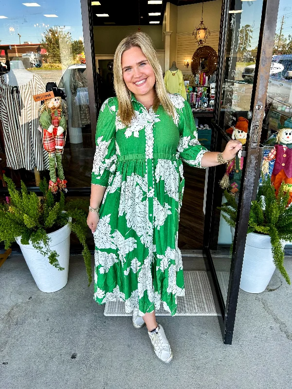Green Floral Midi Dress Vintage Women's 1970S 