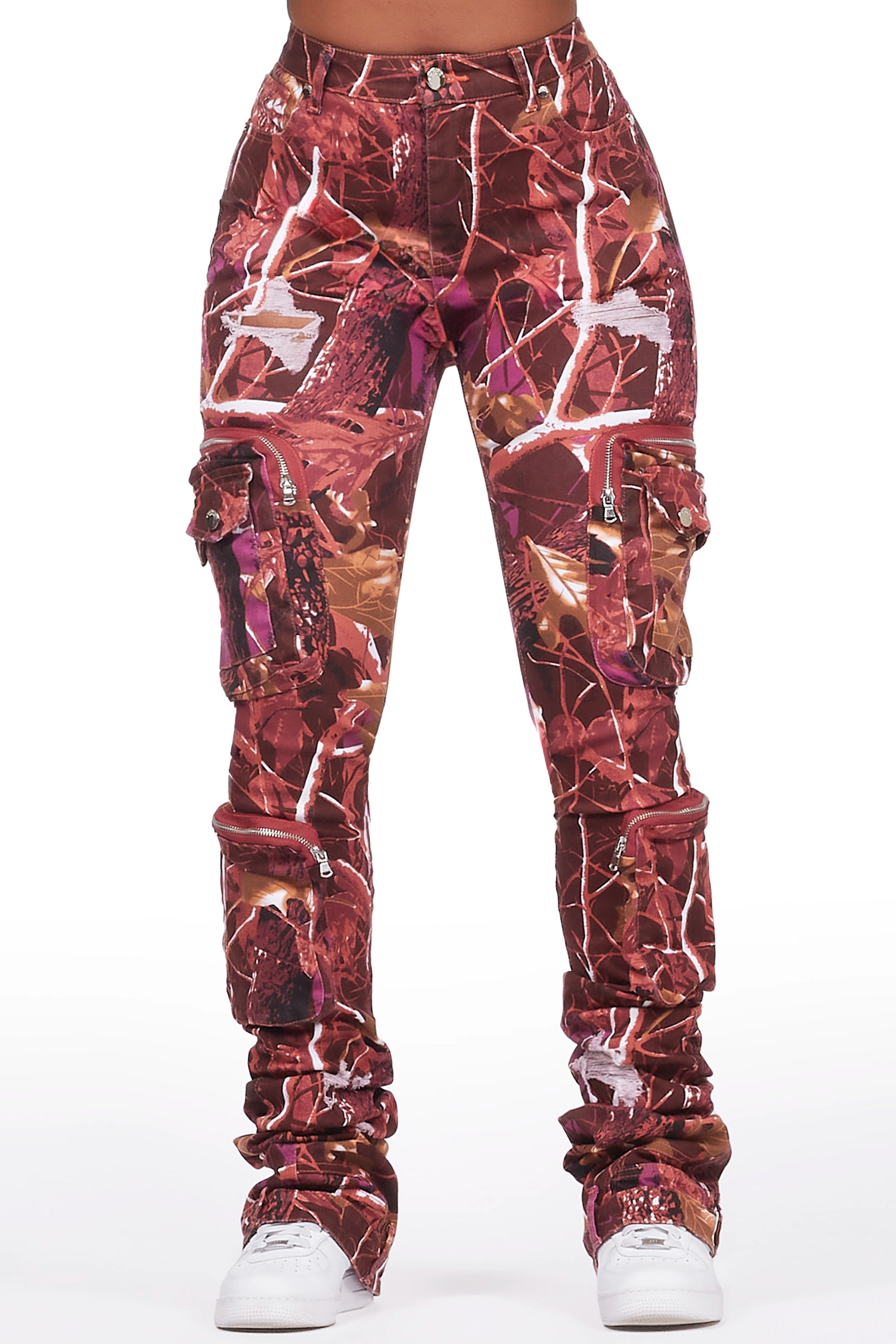 Alisson Burgundy Tree Camo Cargo Super Stacked Jean Unique Women's Upcycled