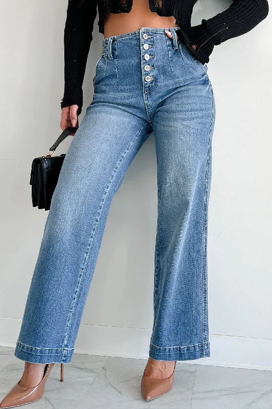 Marie High Rise Button-Fly Wide Leg Kancan Jeans (Medium) Sporty Women's Athleisure 