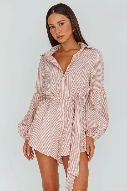 Daytona Beach Long Sleeve Shirt Romper Terracotta Stripe Confident Women's High - fashion