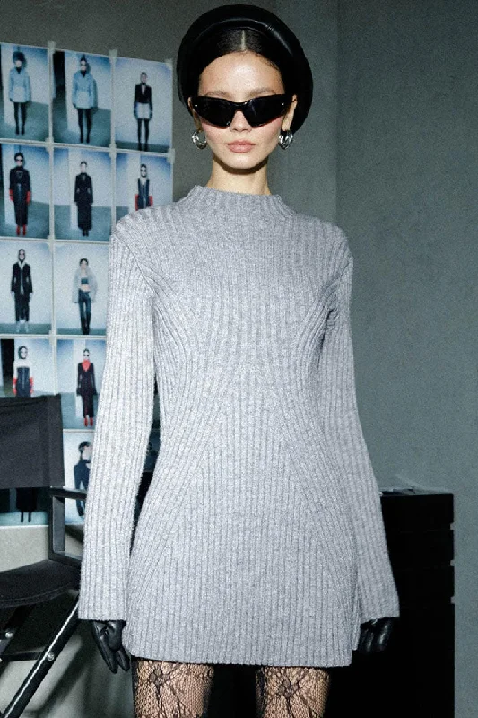 French Style Mock Neck Long Sleeve Chunky Rib Knit Winter Sweater Mini Dress - Gray performance