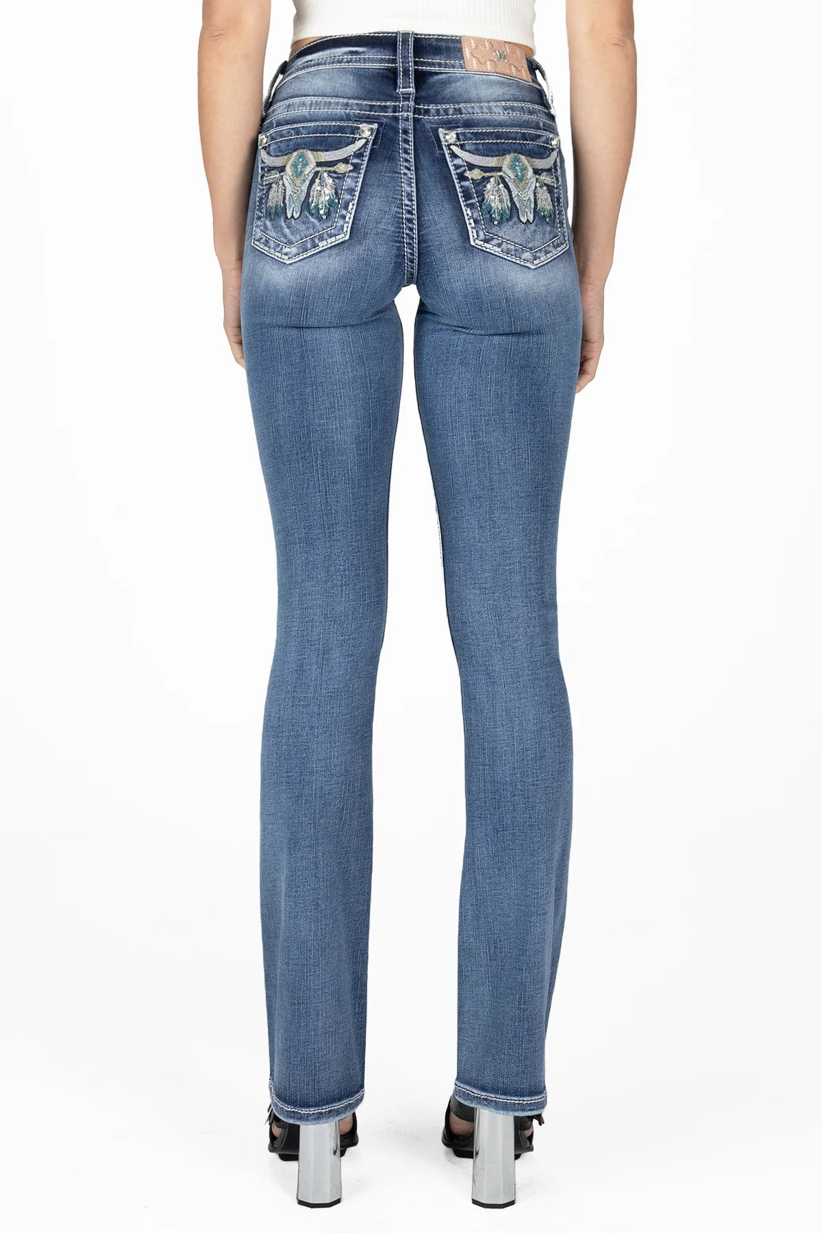 Miss Me Women's Mid Rise Boot Cut Jean, Blue Sleek Women's Metallic