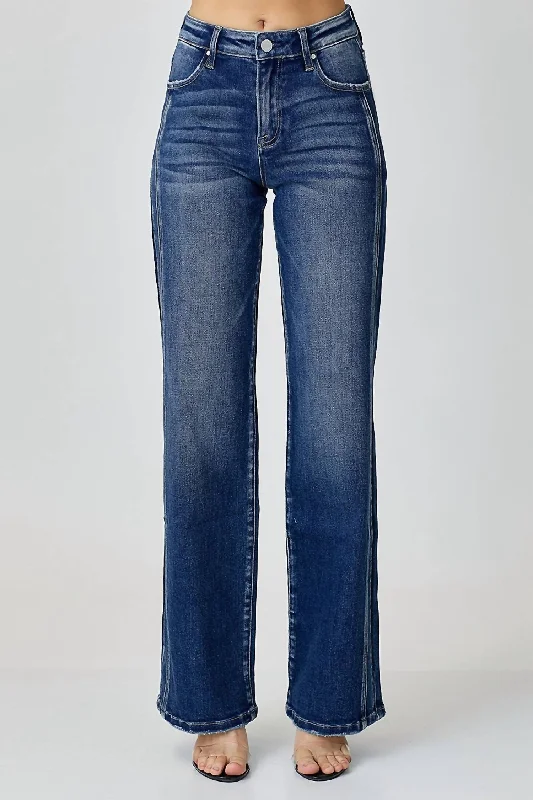 Mid-Rise Straight Leg Jeans In Blue Artistic Women's Hand - painted