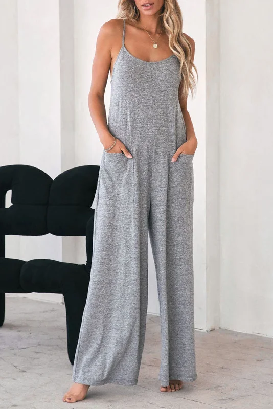 Gray Loose Fit Side Pockets Spaghetti Strap Wide Leg Jumpsuit Relaxed Women's Beachy