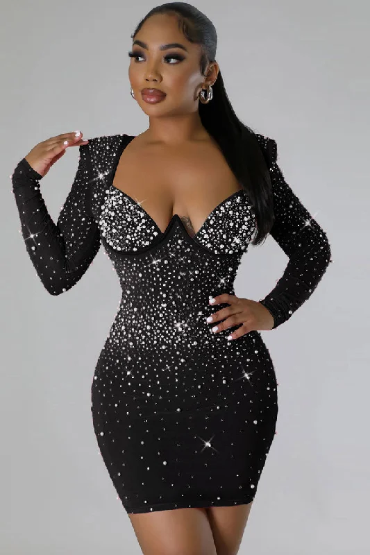Sparkly Rhinestone Beaded Bustier Long Sleeve Party Mini Dress - Black European