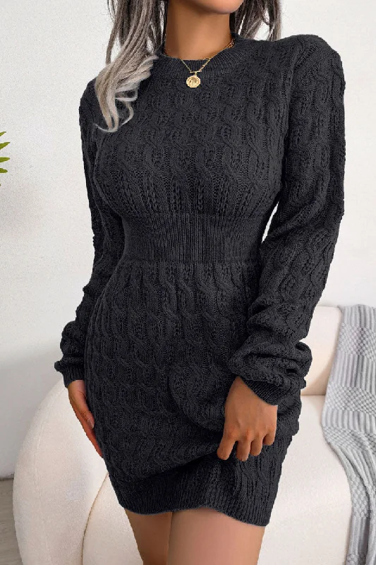 Cozy Winter Fisherman Cable Knit Bodycon Sweater Mini Dress - Black Australian Beach Cozy Winter Fisherman Cable Knit Bodycon Sweater Mini Dress - Black Australian Beach