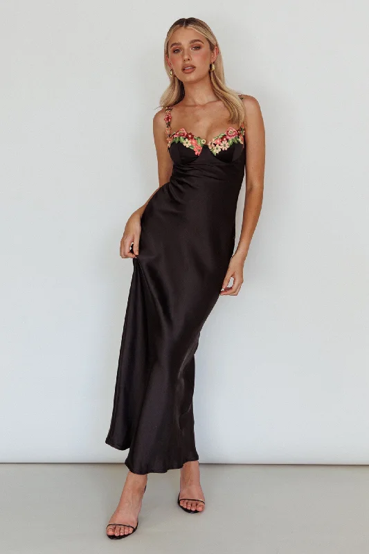Rose Garden Floral Applique Midi Dress Black Artistic Women's Avant - 