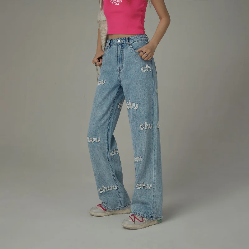 Embroidered Lettering Straight Jeans Trendy Women's 