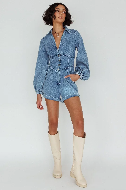 South Beach Long Sleeve Collared Romper Denim Casual Women's Loose - fitting