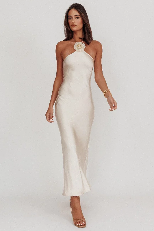 High Roller Flower Decoration Halter Dress Champagne Compression