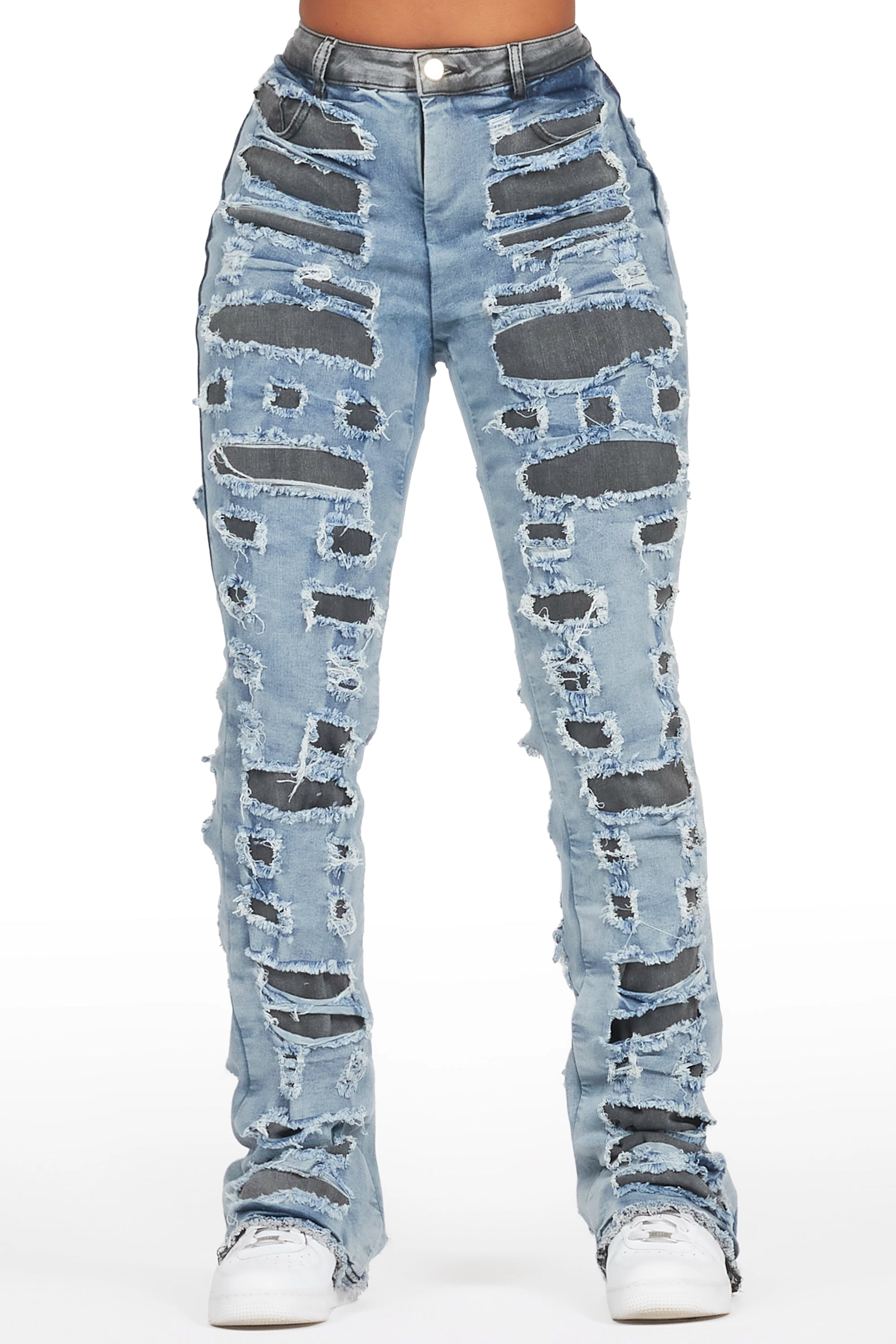 Jaidynn Blue/Black Distressed Stacked Flare Jean Laid - back Women's Vibe