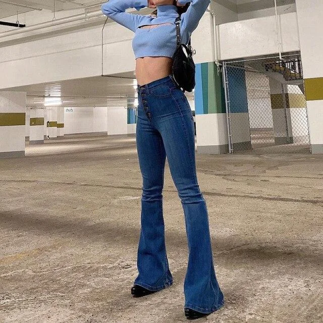 Vintage Women's Denim High Waist Single Button Flare Jeans Pants Trousers Sharp Women's Italian