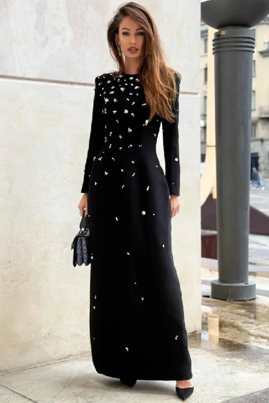 Luxury Crystal Shoulder Pad Crew Neck Long Sleeve Evening Maxi Dress Feminine Women's Soft 