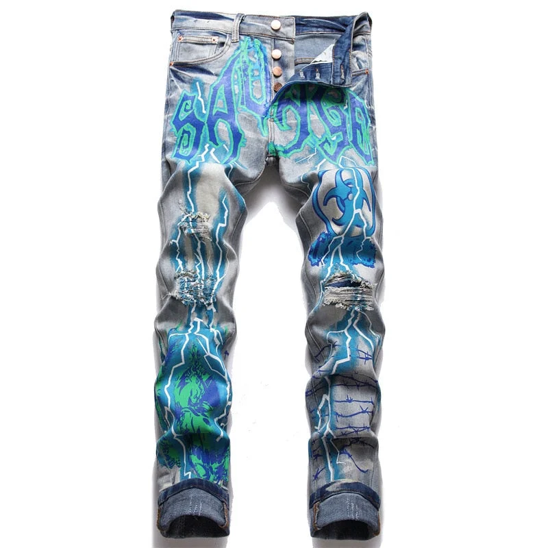 Men's Vintage Blue Denim Lightning Painted Ripped Stretch Jeans Pants Earthy Women's Hemp - based