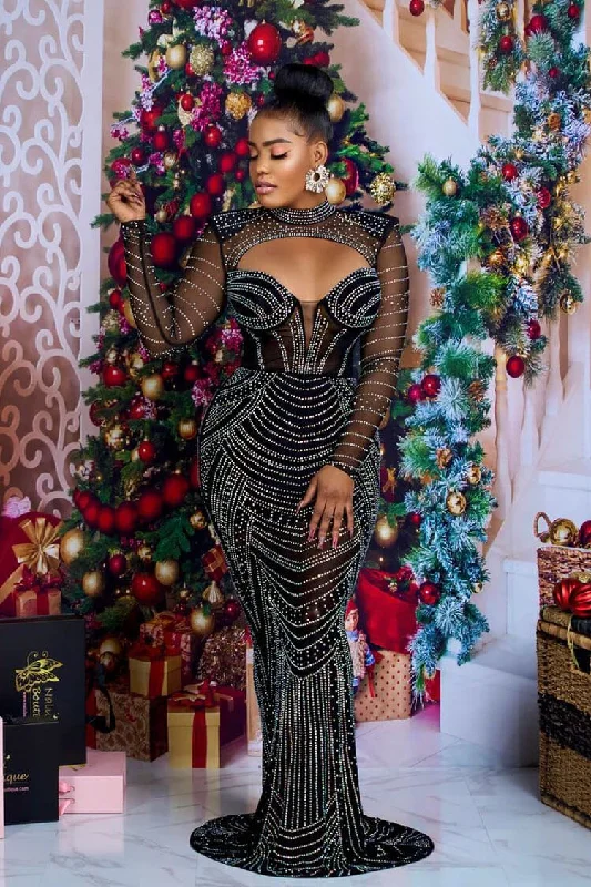 Sparkly Rhinestone Sheer Mesh High Neck Cutout Evening Maxi Dress - Black Luxurious Women's High -  end