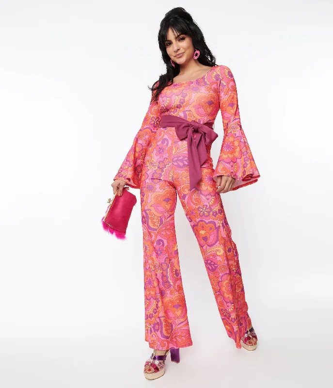Smak Parlour Pink Mod Floral Bell Sleeve Jumpsuit Elegant Women's 