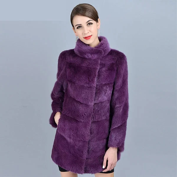 Women's Winter Purple Real Mink Fur Stand Collar Leisure Fashion Jackets British Gentlewoman Style