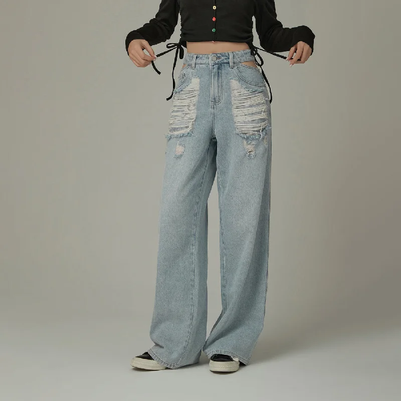 Side Slit Distressed Ripped Baggy Denim Jeans Monochromatic Office Style