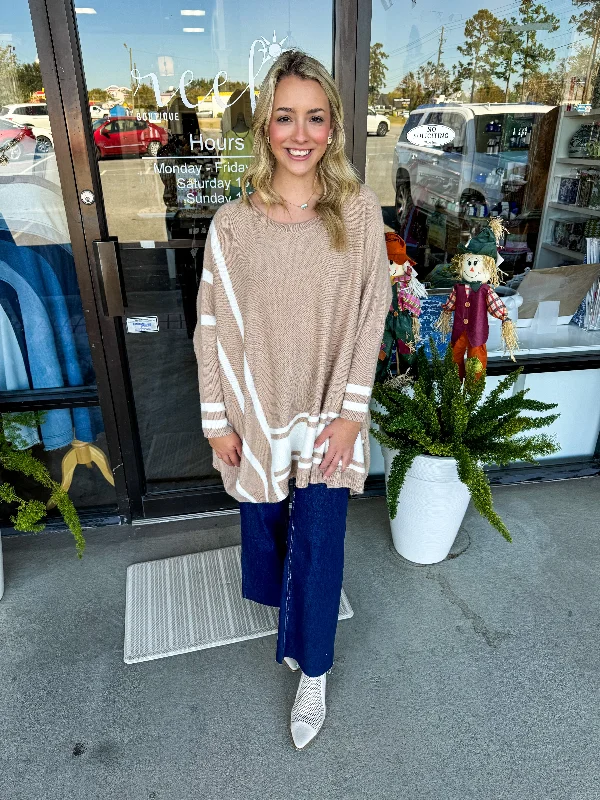Oversized Stripe Sweater:Tan Cool Women's Distressed