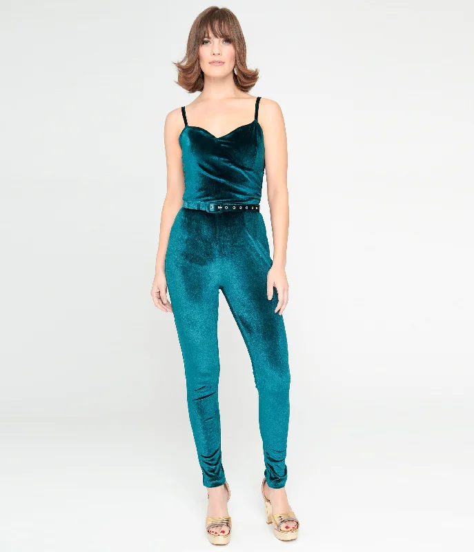 Unique Vintage 1970s Teal Velvet Jumpsuit Athletic Women's High - 