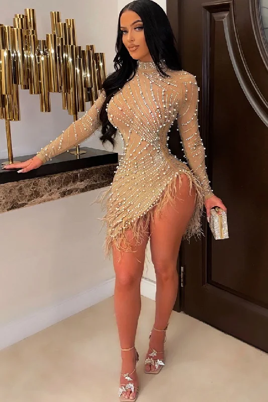 Sparkly Crystal High Neck Sheer Mesh Bodycon Feather Party Mini Dress - Apricot Stylish Women's Neon