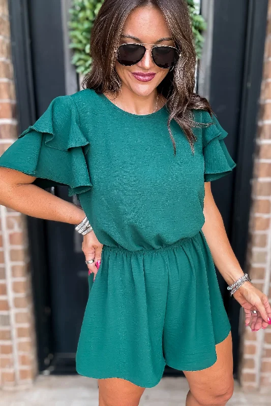 Ruffle Hunter Green Sleeve Airflow Romper Laid - back Women's Style