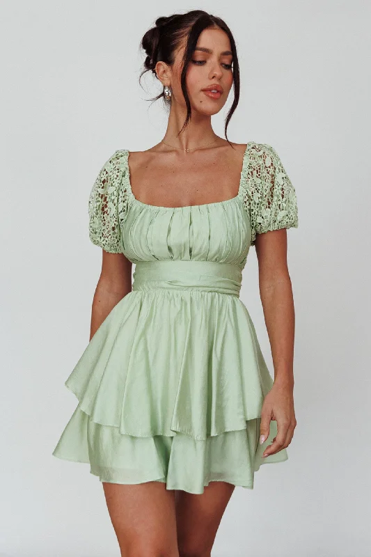 Hold My Halo Lace Sleeve Romper Sage Sporty Women's Tennis