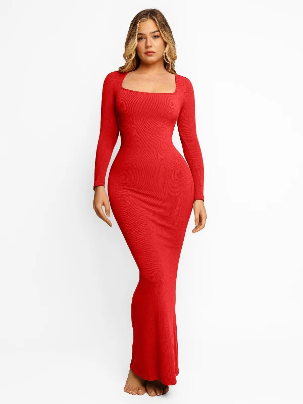 Shapewear Square Neck Long Sleeve Slimming Modal Maxi Dress Scandinavian