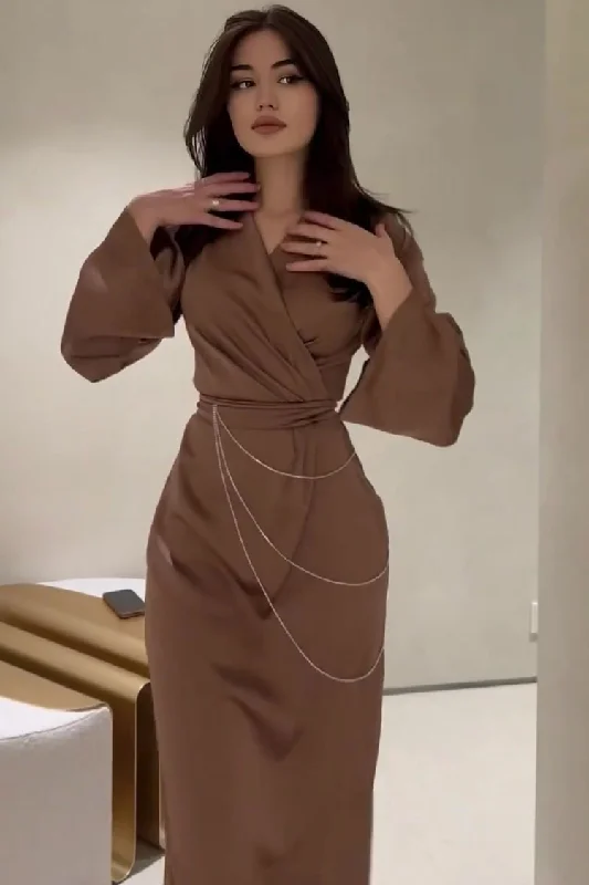 Luxury Wrap V Neck Rhinestone Chain Belted Silky Satin Maxi Dress - Brown Bold Women's Statement