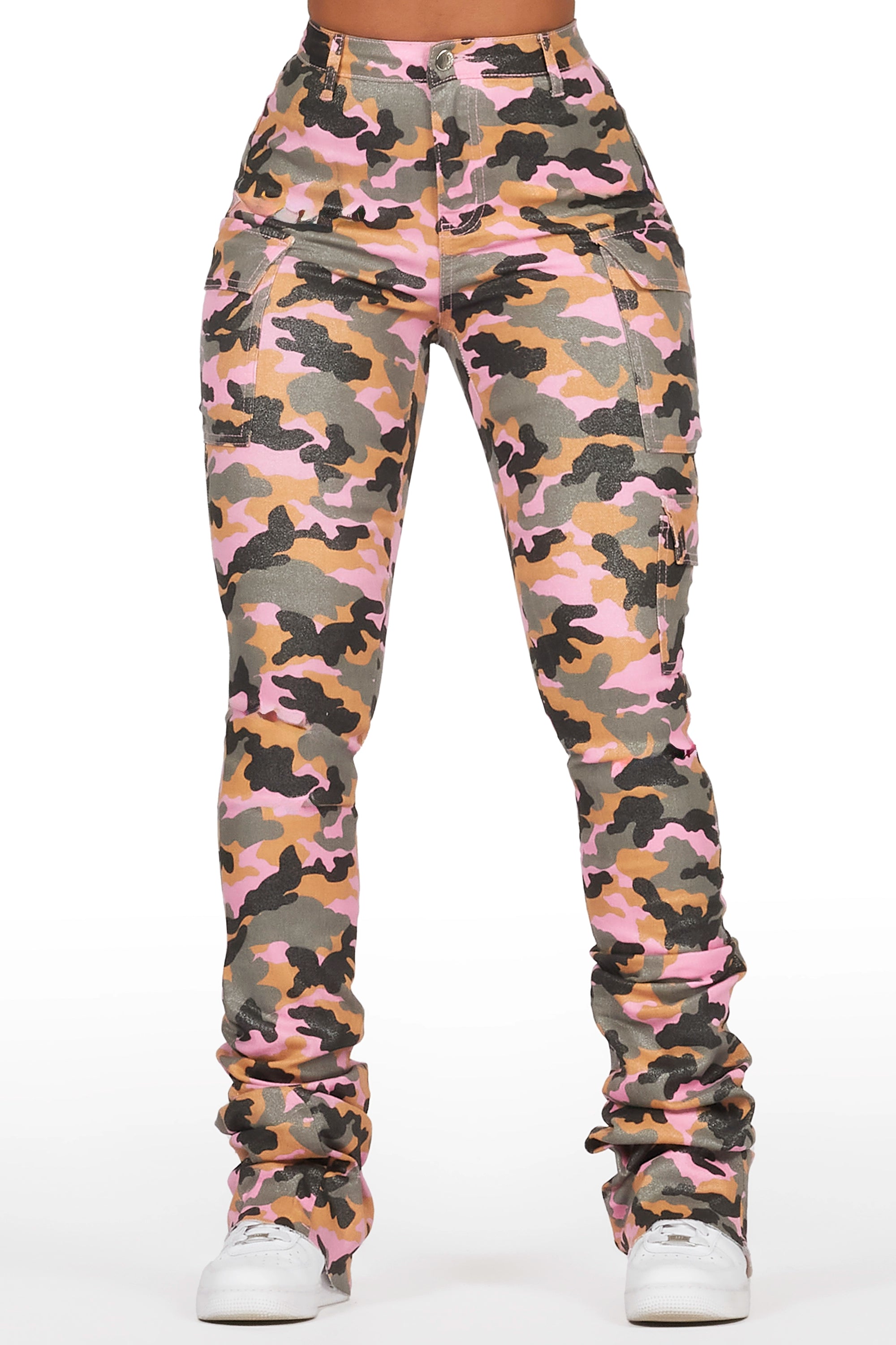 Alaysha Pink Camo Cargo Super Stacked PU Pant Dynamic Women's Moto