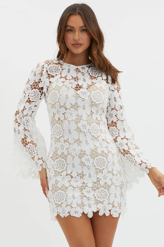 Reinhart Flared Sleeve Crochet Lace Dress White Traditional Women's 