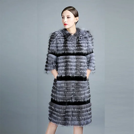 Women's Winter Warm Silver Color Fox Fur Long Knitted Jackets Outerwear Sustainable Organic