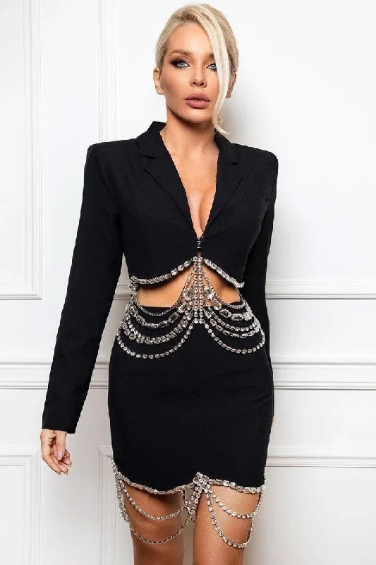 Sparkly Layered Rhinestone Crop Blazer Two Piece Mini Dress - Black Gym
