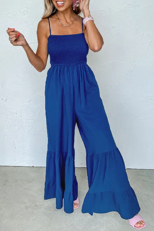 Navy Blue Spaghetti Straps Smocked Ruffled Wide Leg Jumpsuit Preppy Women's College