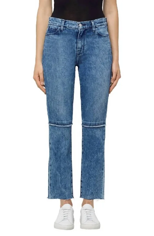 Ruby Frayed Cropped Straight Raw Hem High Rise Jeans In Blue Trendy Women's Oversized