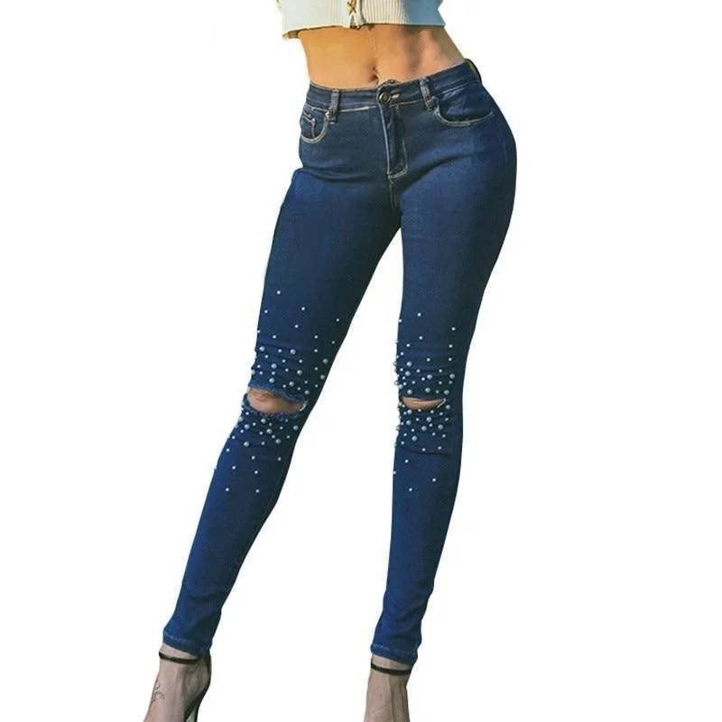 Women's Skinny Elastic Fashion Hole Beading Dark Blue Full Slim Pencil Jeans Dynamic Women's High - energy