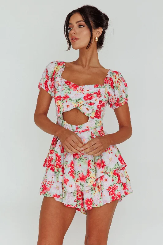 Whimsical Cut-out Bodice Romper Floral Pink Trendy Women's 