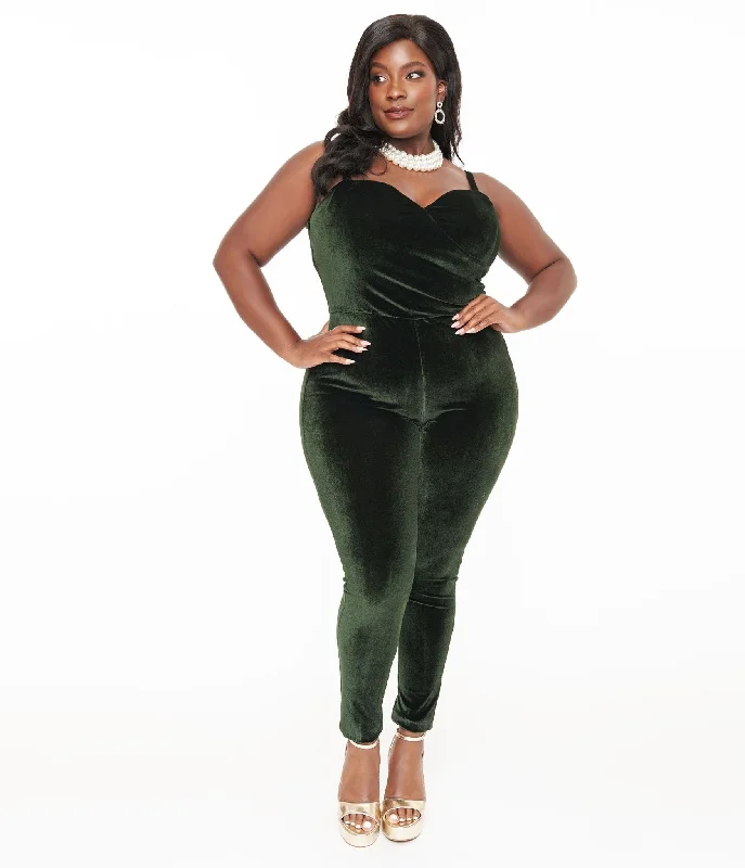 Unique Vintage Plus Size 1970s Dark Green Velvet Jumpsuit Athletic Women's High - 