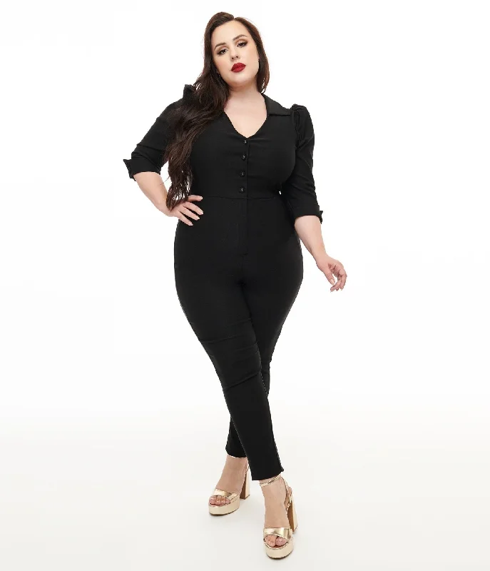 Unique Vintage Plus Size 1950s Black Puff Sleeve Jumpsuit Laid - back Women's Style