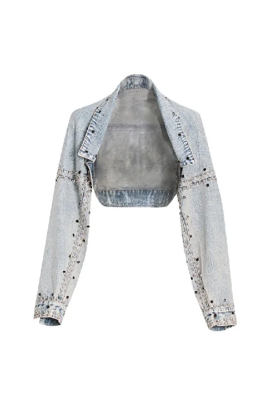 Retro Drop Shoulder Long Sleeve Open Front Studded Crop Denim Bolero Jacket Women