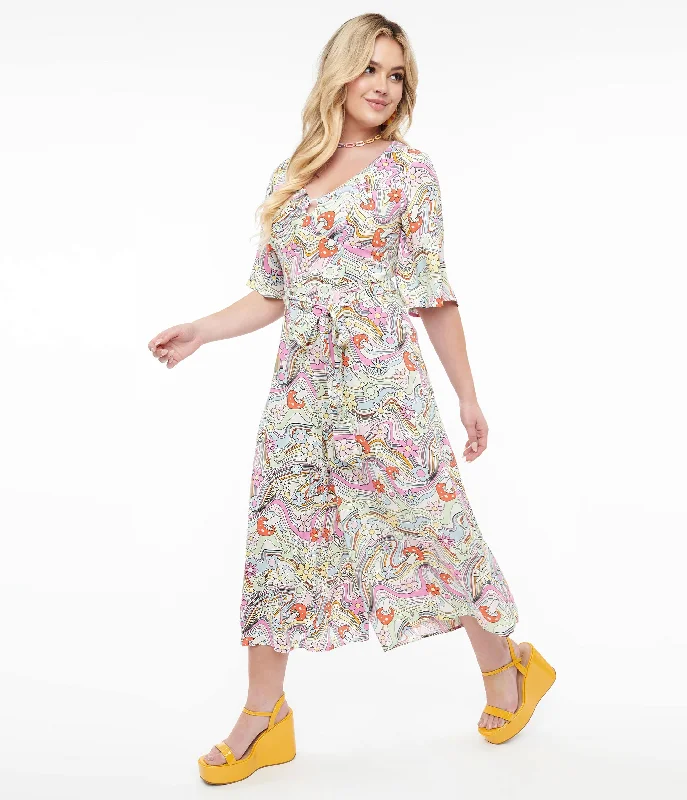 Hell Bunny 1960s Pastel Rainbow Hazy Daze Floral Jumpsuit Earthy Women's 