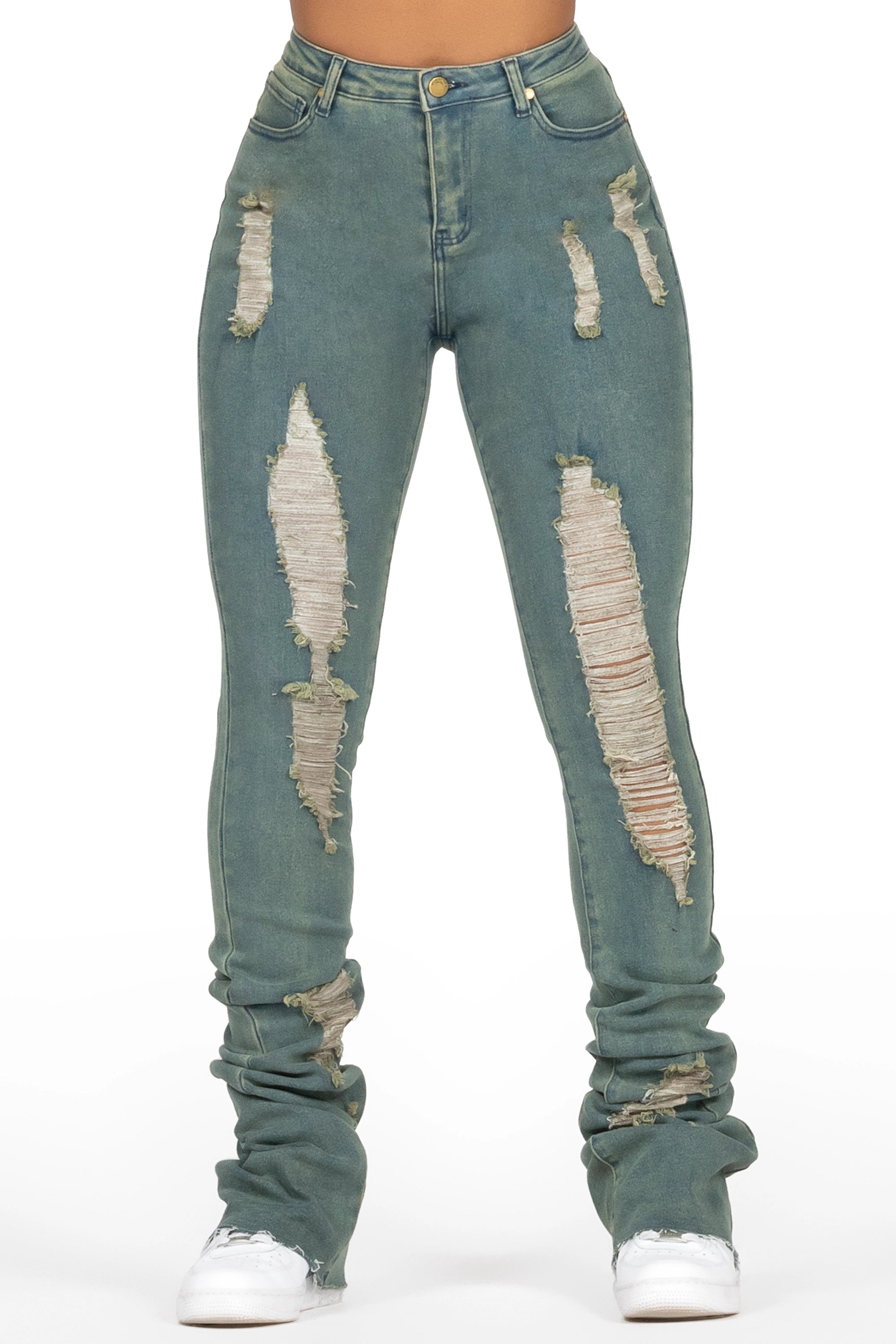 Got A Crush Tinted Dark Wash Distressed Super Stacked Jean Bold Women's Statement