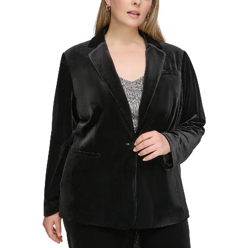 Calvin Klein Womens Plus Collar Velvet One-Button Blazer Cashmere