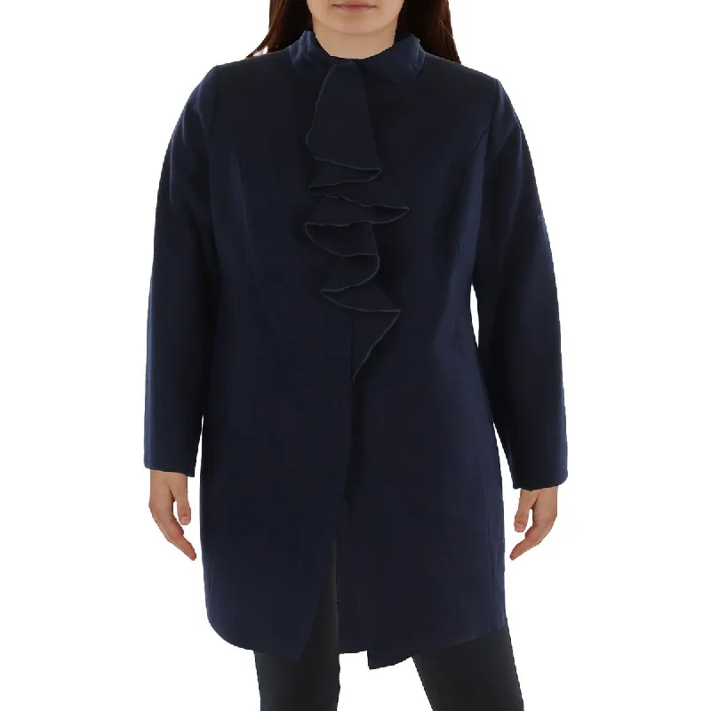 Tahari Womens Plus Wool BLend Ruffled Walker Coat Scandinavian