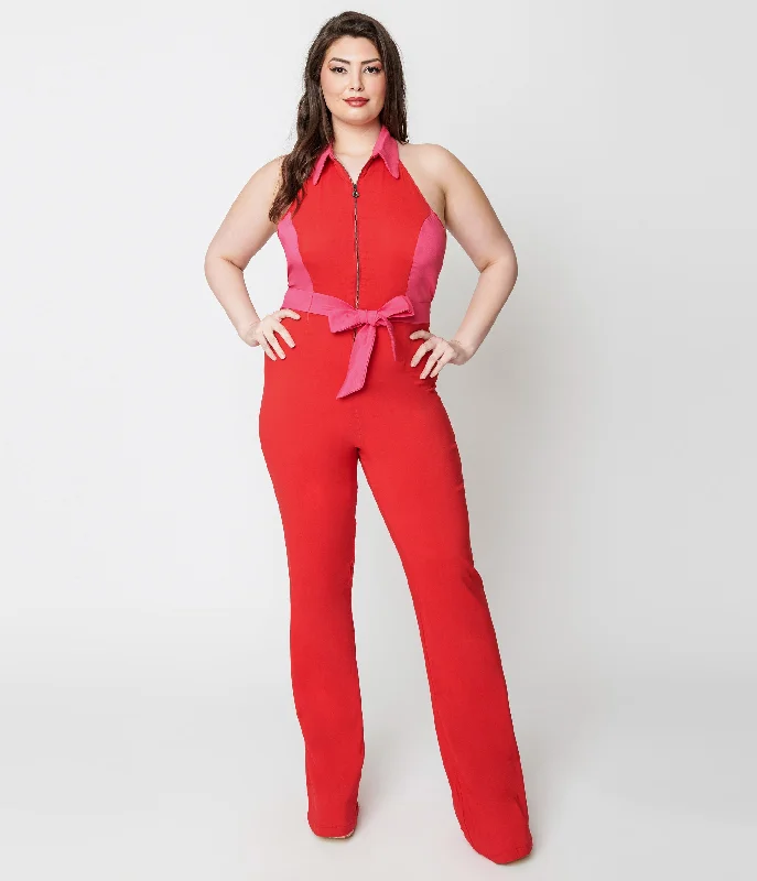 Smak Parlour Plus Size 1970s Red & Pink Heart Pocket Front Zip Halter Jumpsuit Women
