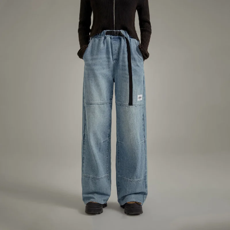 Elastic Waist Washed Wide Denim Jeans Traditional Women's Wool