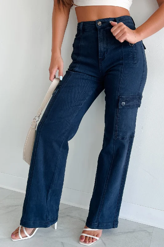Laith High Rise Wide Leg Risen Cargo Jeans (Blueberry) Practical Women's Quick - dry