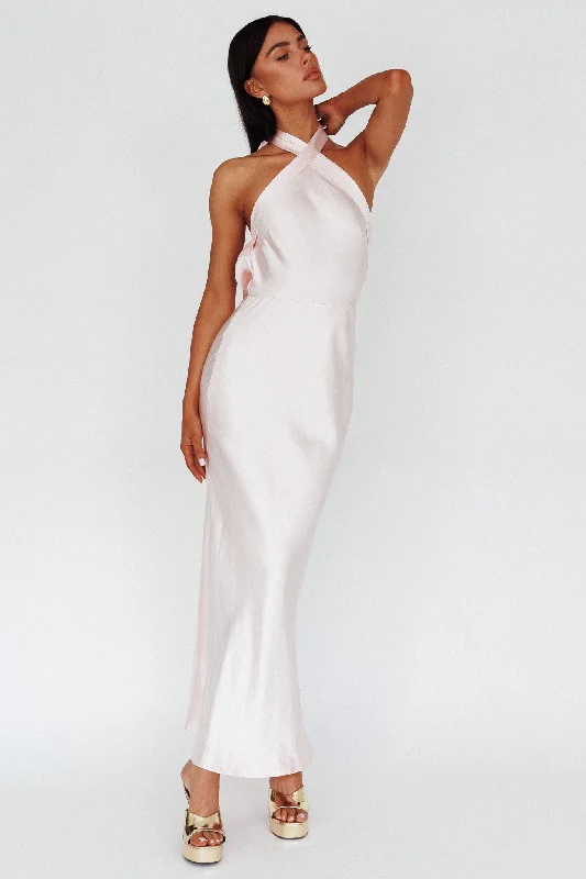 Italia Azure Crossover Halterneck Maxi Dress Pearl Sophisticated Women's 