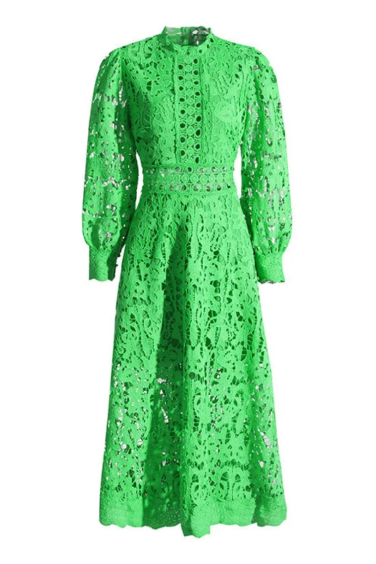 French Style Mock Neck Bishop Sleeve Guipure Lace Cocktail Midi Dress Dapper Women's Bow - adorned