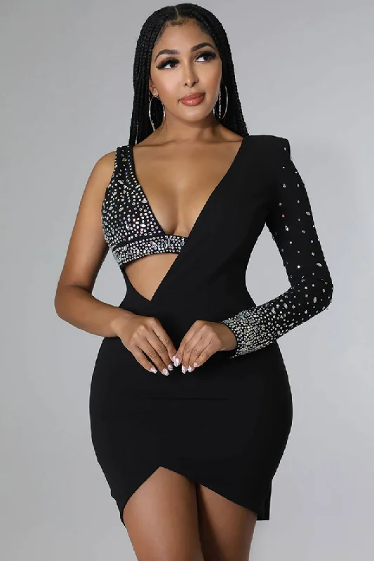 Asymmetrical Crystal Bra Long Sleeve Cutout Bodycon Party Mini Dress - Black Practical Women's Quick - dry